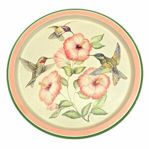 DL Burkhart  Art Hummingbirds Hibiscus Flowers Design Peach Green Trim tray bird
